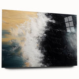 Abstract wall art design featuring dynamic strokes and lines in vibrant colors, displayed in a sleek acrylic glass frame, showcasing modern aesthetics for home decor.