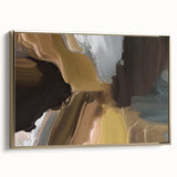 Framed canvas wall art showcasing an abstract design of strokes and lines in gold tones, adding a modern touch to any interior decor, viewed from the side.