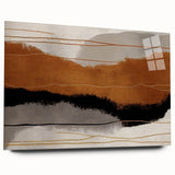 Abstract art piece featuring vibrant strokes and lines in a mix of blue, green, and gold colors, displayed in a sleek acrylic glass frame, ideal for modern home decor.