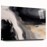 Abstract wall art design featuring vibrant strokes and lines in a contemporary style, displayed in an acrylic glass frame, highlighting its elegant side view with pins. Perfect for modern home decor.