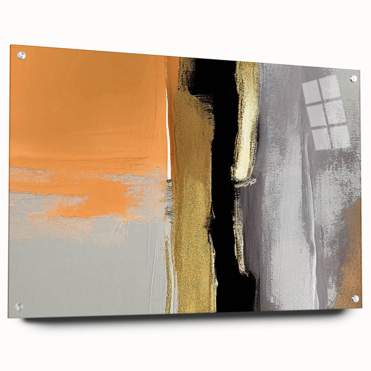 Abstract wall art design showcasing vibrant strokes and lines in a modern acrylic glass frame, side view with visible mounting pins for easy display.