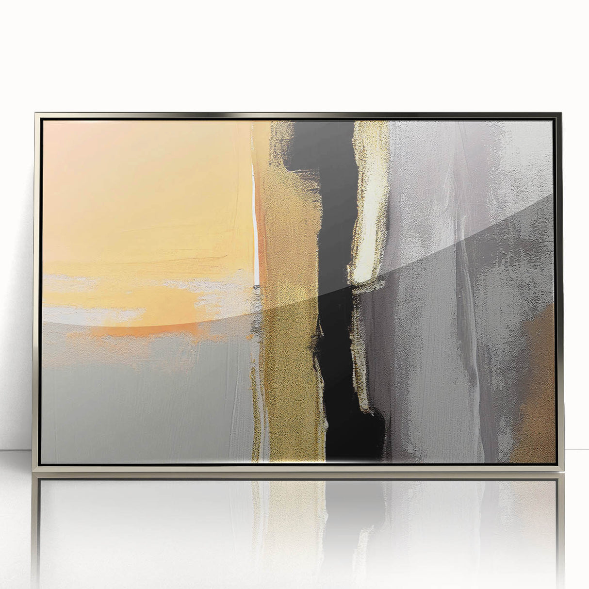 Framed acrylic wall art featuring an abstract design of colorful strokes and lines in silver tones, perfect for modern home decor. Ideal for enhancing contemporary interiors.