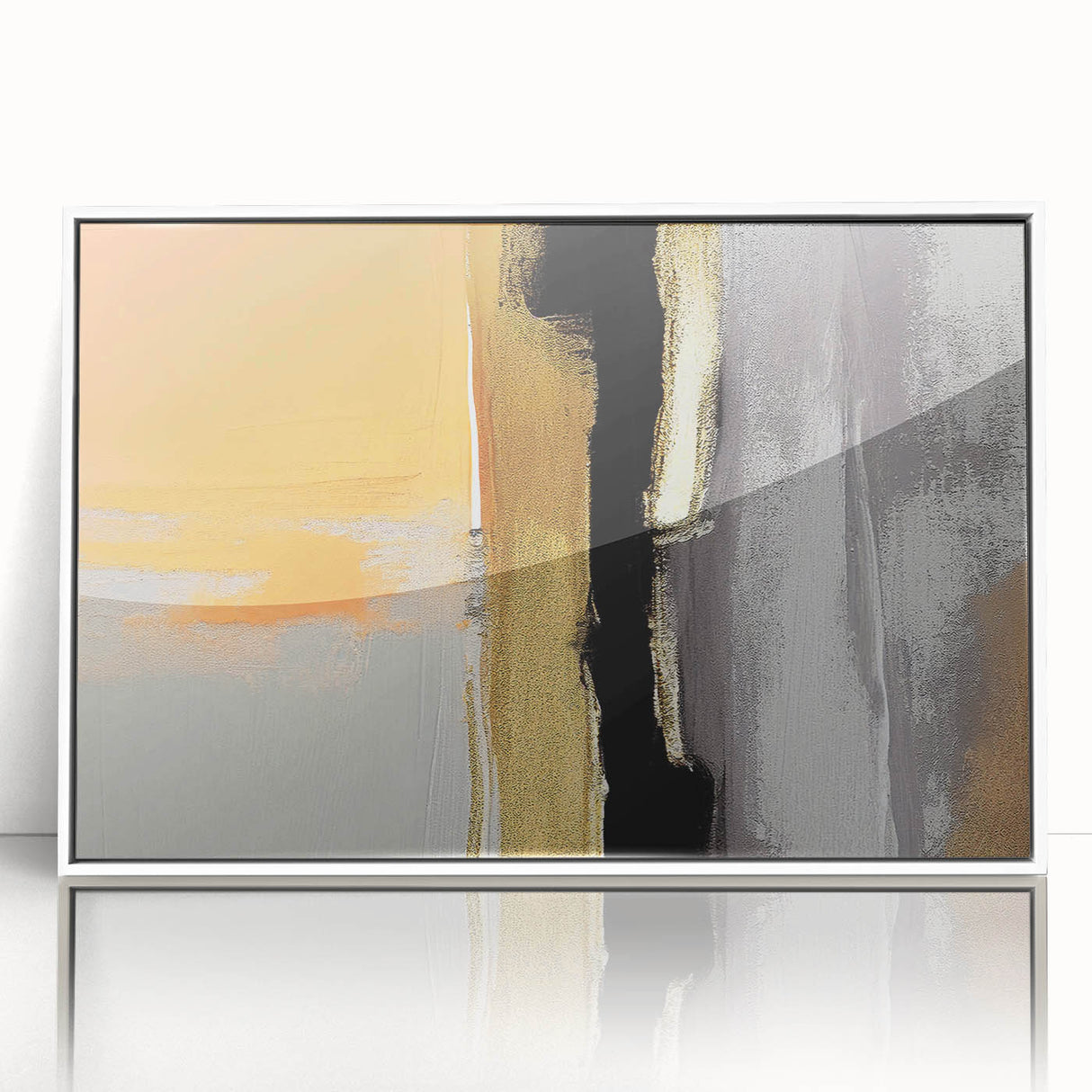 Framed abstract wall art featuring colorful strokes and lines in a modern design, set against a white background. Ideal for contemporary home decor.