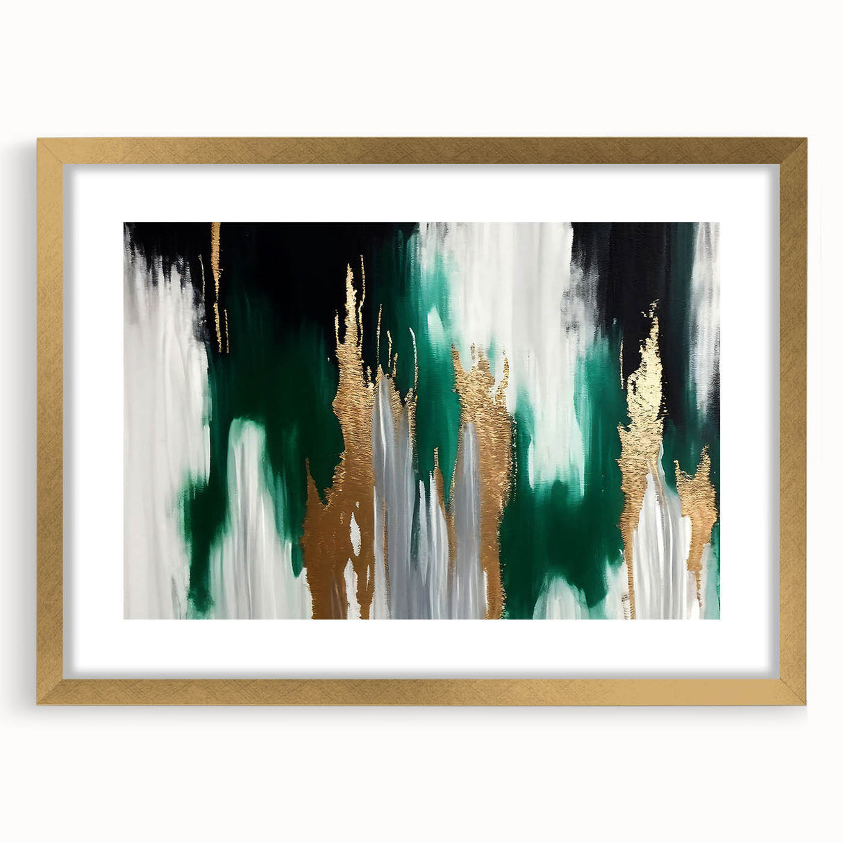 Abstract strokes and lines in a modern gold-framed wall art piece, showcasing a sophisticated design perfect for contemporary decor settings, highlighting elegance and style.