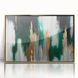 Framed wall art featuring an abstract design of gold strokes and lines on a white background, adding a modern touch to any room's decor. Ideal for contemporary interiors.