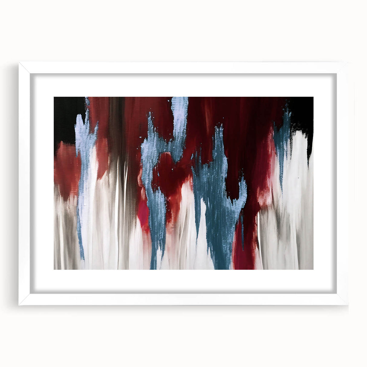 Abstract wall art design showcasing fluid strokes and lines in muted earth tones, presented in a sleek white frame with a mat, perfect for modern decor.