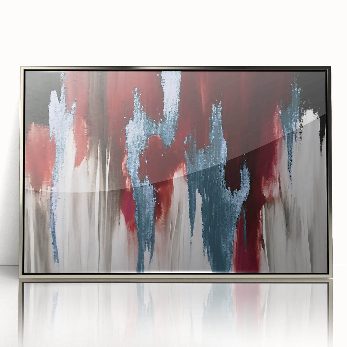 Framed wall art featuring an abstract design of colorful strokes and lines in a modern aesthetic. The artwork is displayed in a sleek silver frame, enhancing its contemporary appeal. Perfect for adding a vibrant touch to any living space or office decor.