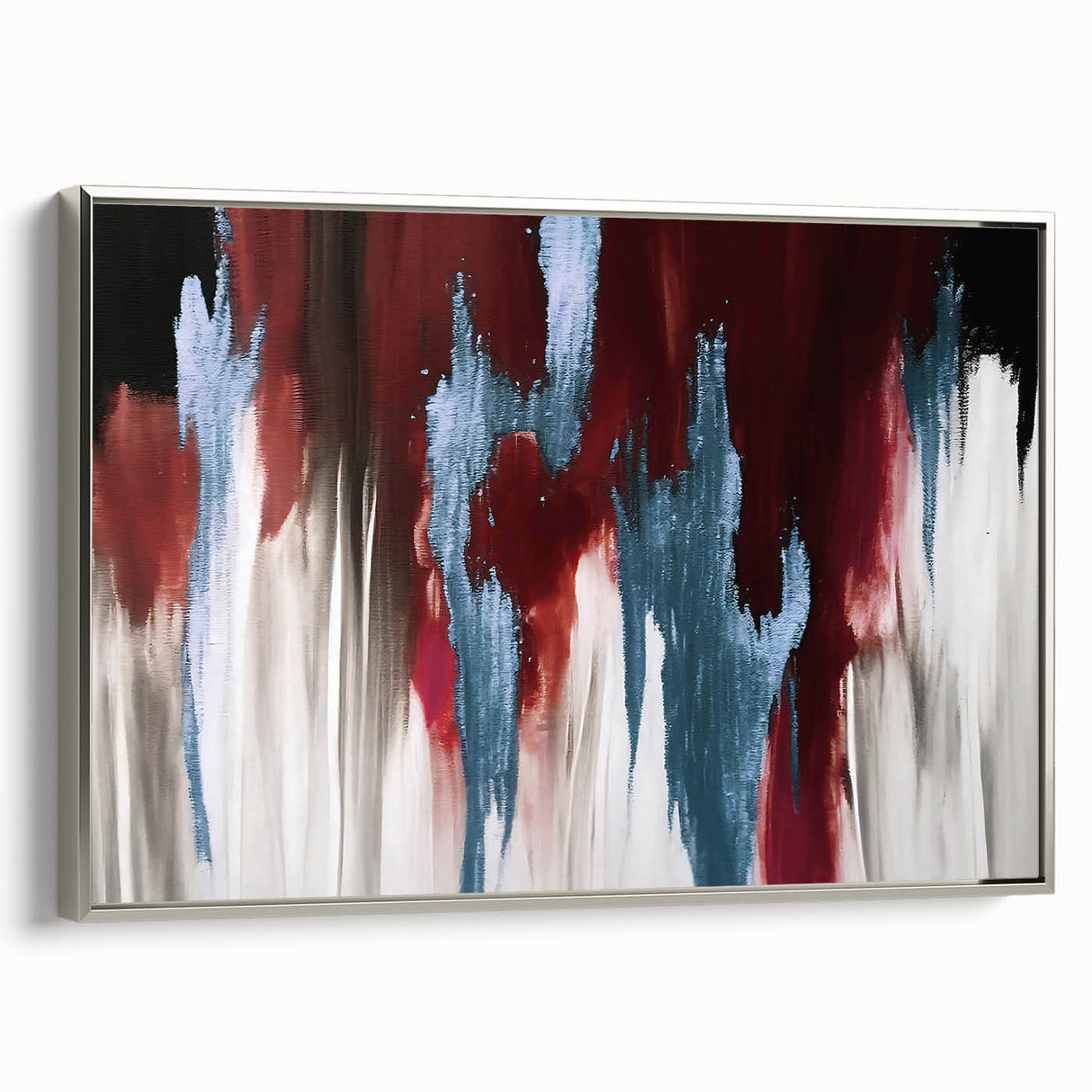 Framed abstract wall art featuring silver strokes and lines, showcasing a modern design. Ideal for contemporary decor, adding elegance to any room setting.