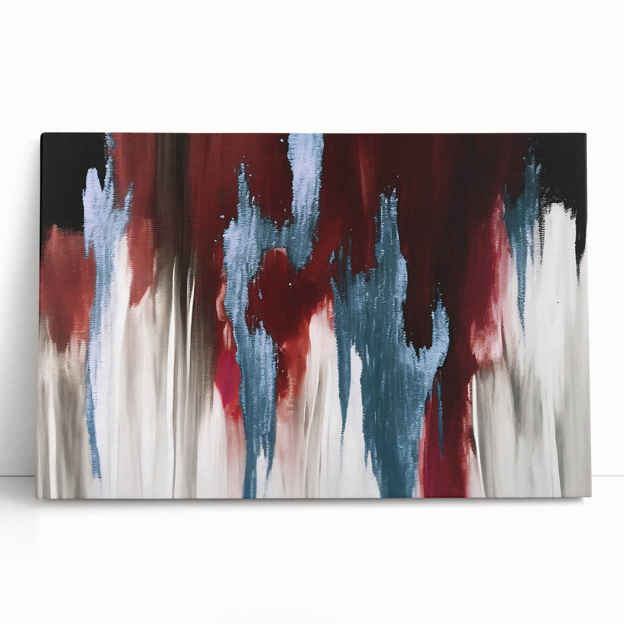 Abstract wall art featuring vibrant strokes and lines in blue, yellow, and gray tones, stretched on canvas, ideal for modern home decor. This captivating piece adds a dynamic touch to any room while enhancing artistic expression.