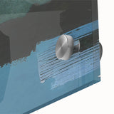 Close-up of an abstract wall art piece showcasing vibrant strokes and lines in shades of blue, yellow, and gray, designed for modern decor. Perfect for adding a contemporary touch to any room.