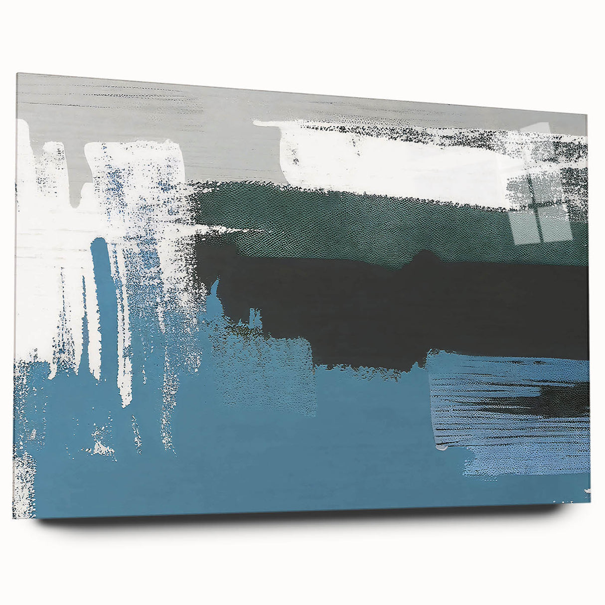Abstract wall art featuring vibrant strokes and lines in a dynamic composition, displayed in a sleek acrylic glass frame from the 734 collection, showcasing modern design elements.