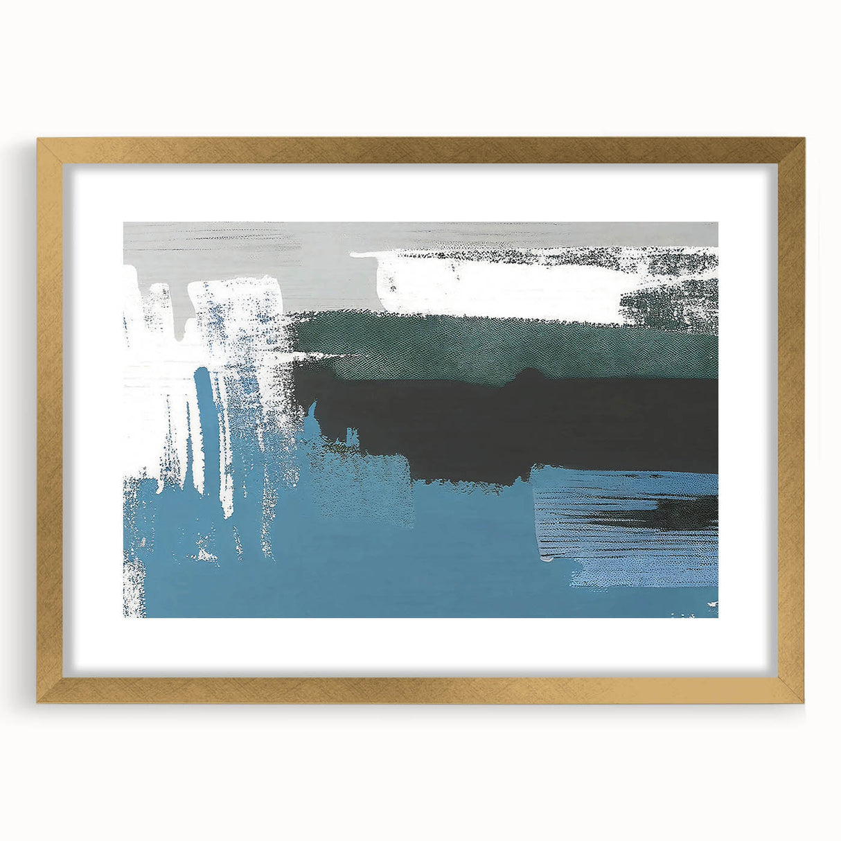 Abstract wall art featuring elegant strokes and lines in soft hues of blue, beige, and gold, framed with a mat for a modern aesthetic. Perfect for contemporary home decor.