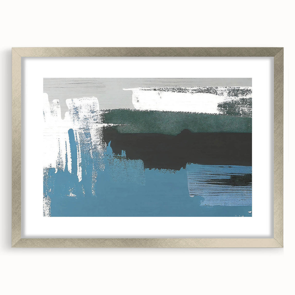 Abstract wall art featuring a modern design of colorful strokes and lines in a silver frame with a mat, perfect for enhancing contemporary decor and artistic ambiance.
