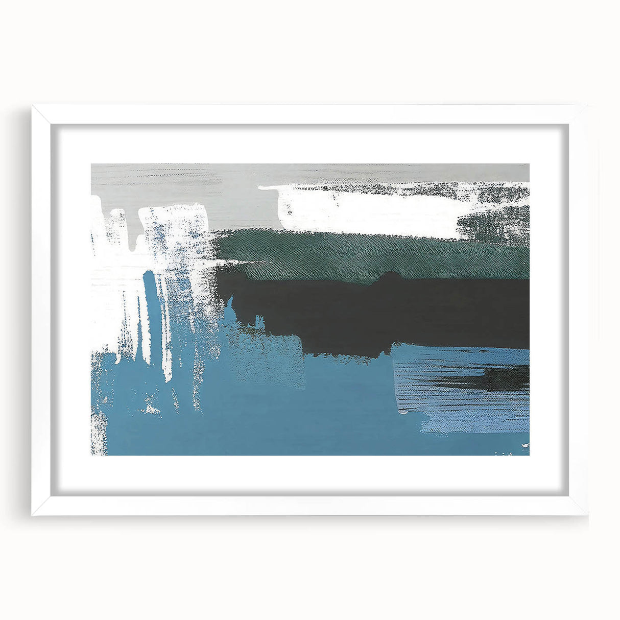 Abstract wall art featuring dynamic strokes and lines in a modern design, framed with a white mat, showcasing a minimalist aesthetic suitable for contemporary decor.