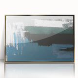 Framed acrylic wall art showcasing an abstract design of gold strokes and lines, set against a white background, perfect for modern home decor.