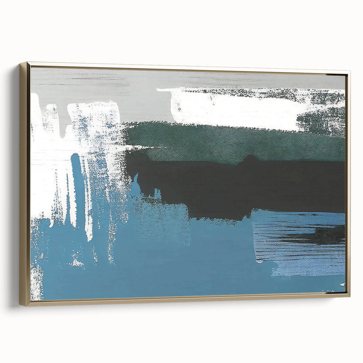 Framed canvas wall art showcasing an abstract design with dynamic strokes and lines in gold, enhancing modern decor with its elegant side view presentation.