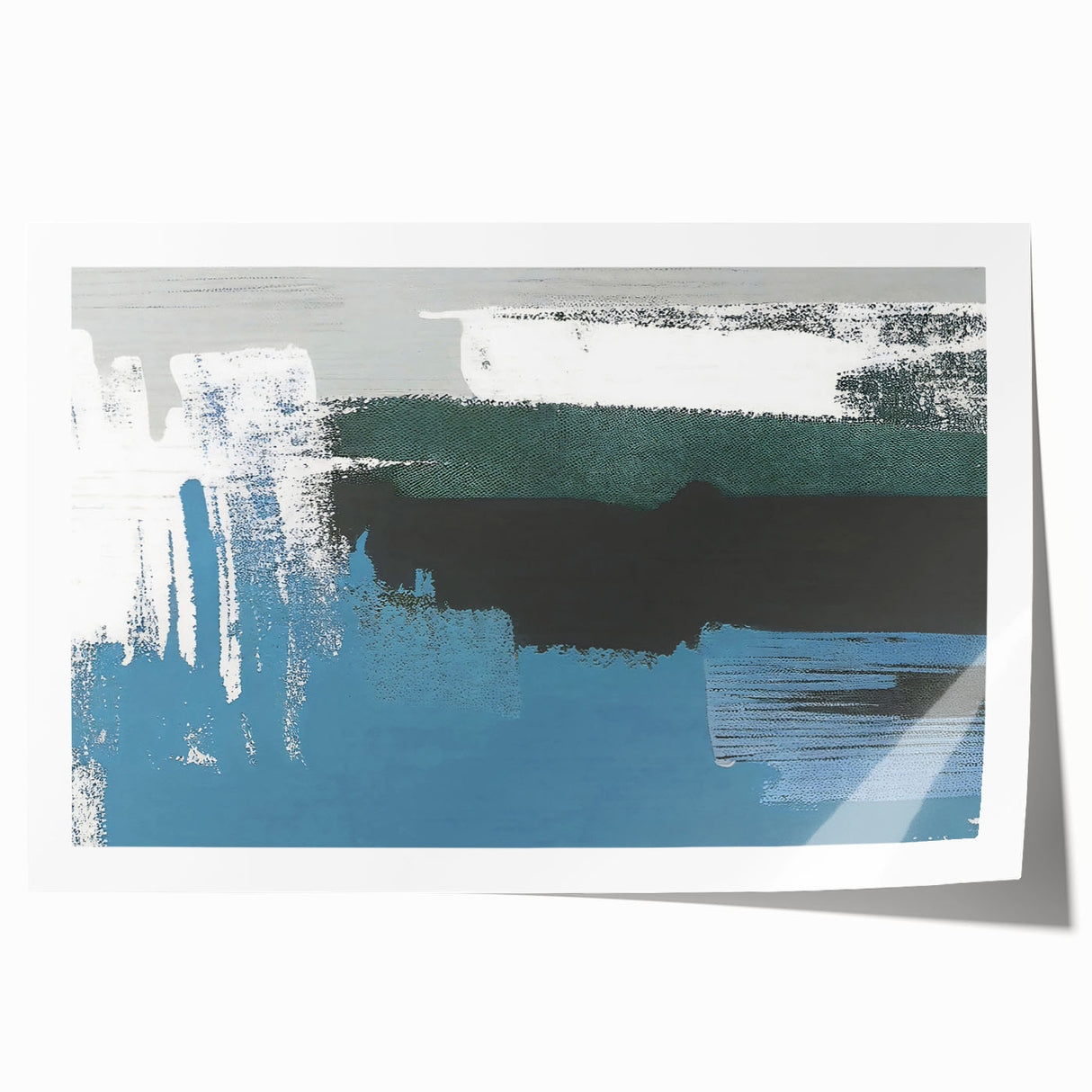 Abstract wall art print showcasing vibrant strokes and lines in shades of blue, orange, and yellow, designed for modern decor, rolled for easy framing.