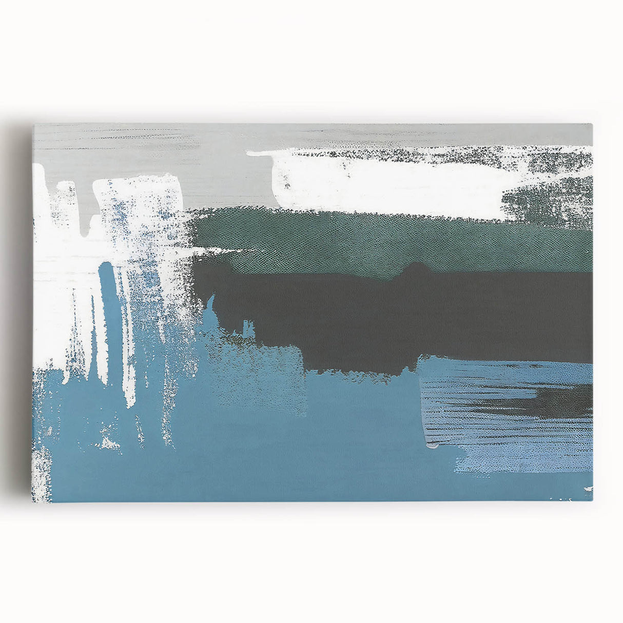 Abstract wall art design featuring colorful strokes and lines on a stretched canvas, showcasing vibrant hues of blue, yellow, and red, ideal for modern home decor.