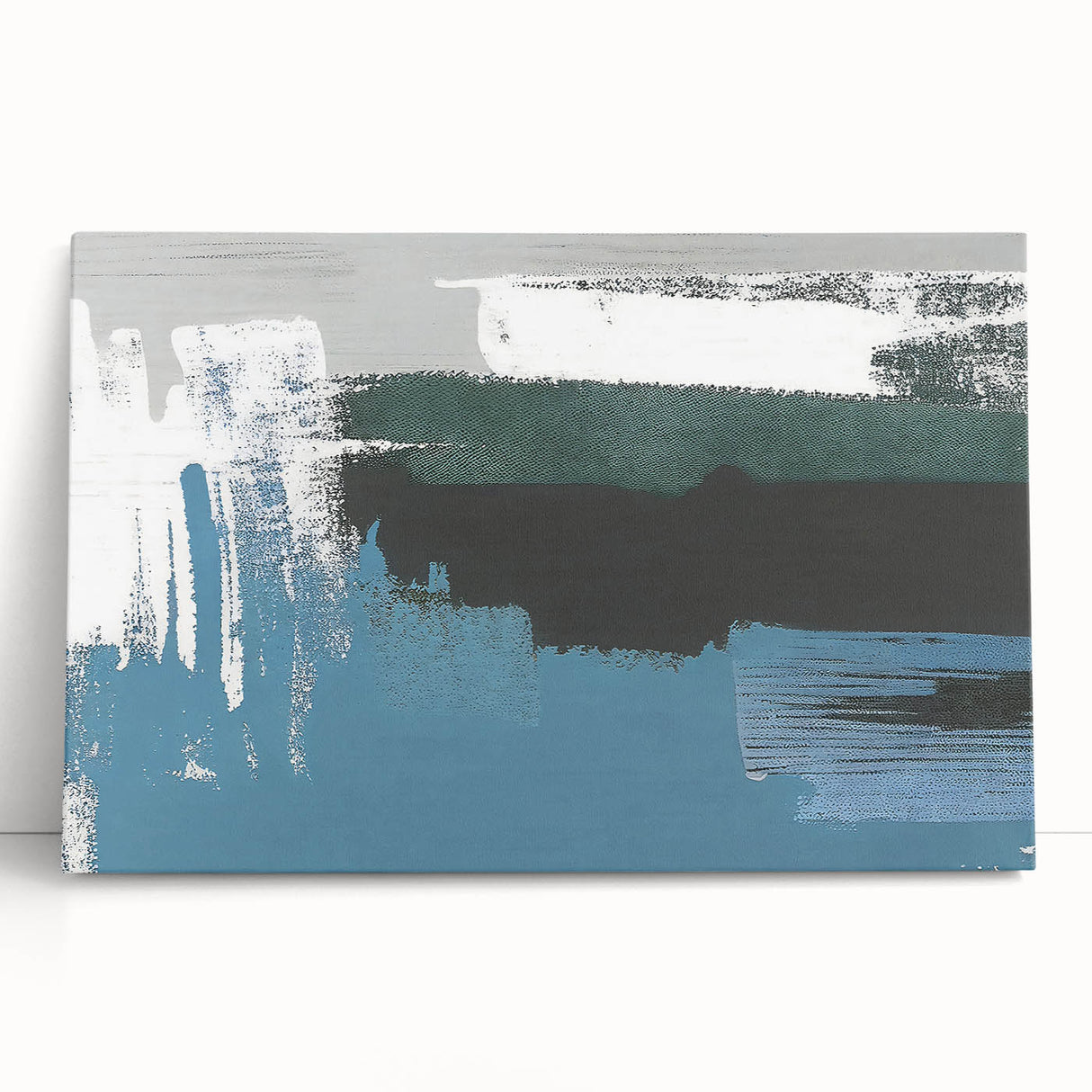 Abstract wall art featuring vibrant strokes and lines in shades of blue, orange, and yellow, printed on stretched canvas, perfect for modern home decor.