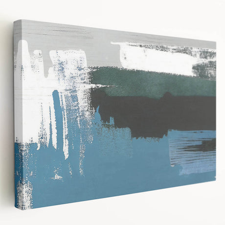 Stretched canvas wall art showcasing an abstract design with colorful strokes and lines, viewed from the side, perfect for modern home decor. Ideal for adding a vibrant touch to living spaces.