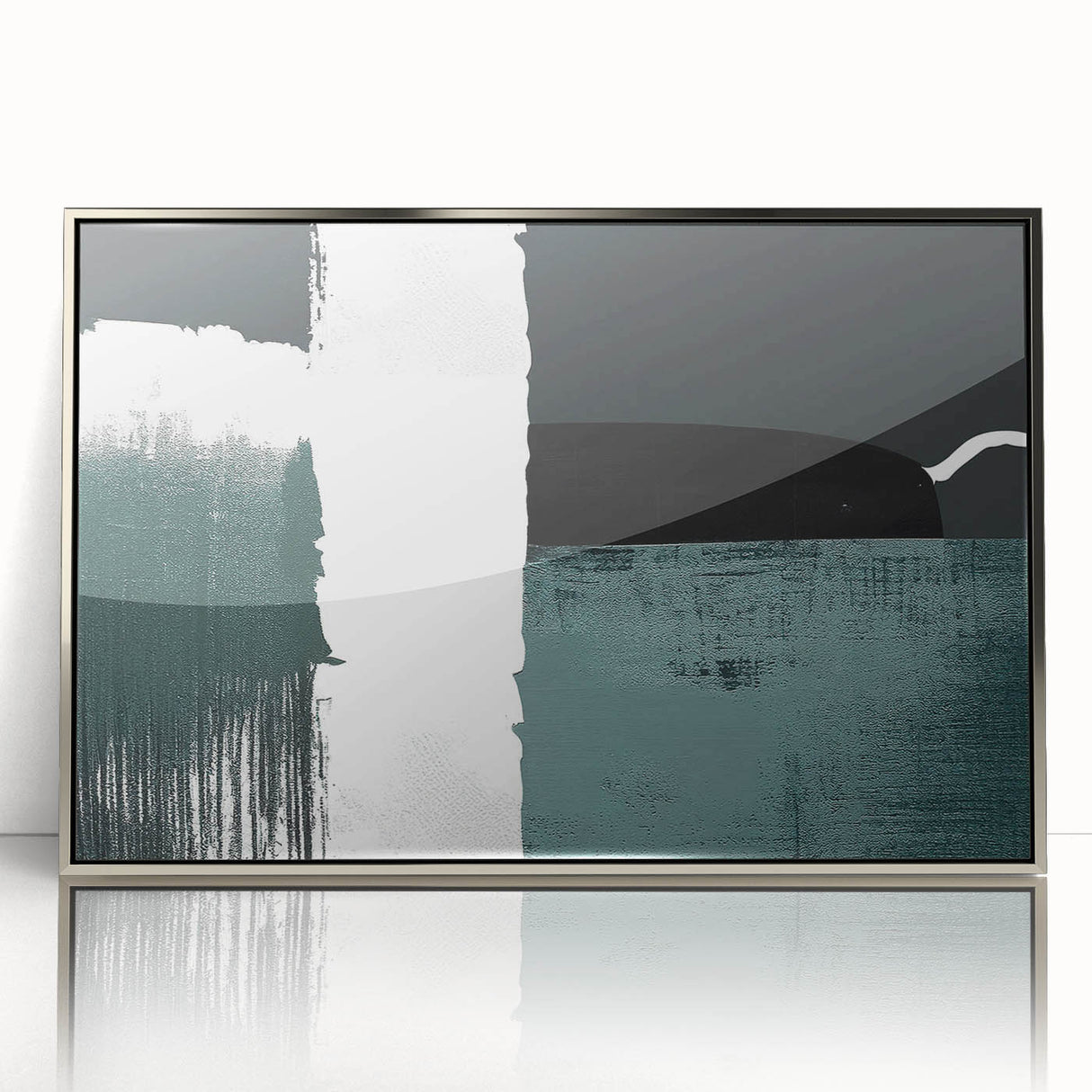 Framed wall art showcasing an abstract design with dynamic strokes and lines in silver and white hues, ideal for contemporary home decor. This piece adds elegance and modernity to any space, making it perfect for living rooms or office aesthetics.
