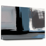 Abstract wall art design featuring vibrant strokes and lines in shades of blue, orange, and yellow, displayed in a modern acrylic frame with pins, enhancing contemporary decor.