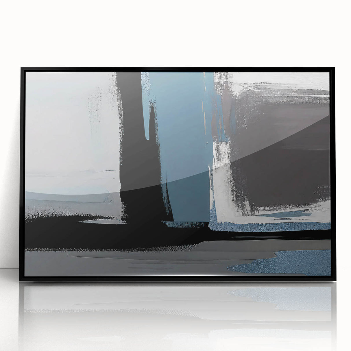Framed abstract wall art featuring dynamic strokes and lines in blue and gold hues, set against a sleek black frame, perfect for modern home decor.