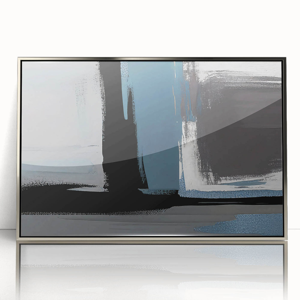 Framed wall art featuring an abstract design of colorful strokes and lines in silver and blue hues, showcasing a modern aesthetic ideal for contemporary decor.
