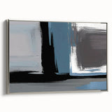 Framed canvas wall art showcasing an abstract design of strokes and lines in silver tones, perfect for modern home decor, viewed from the side.