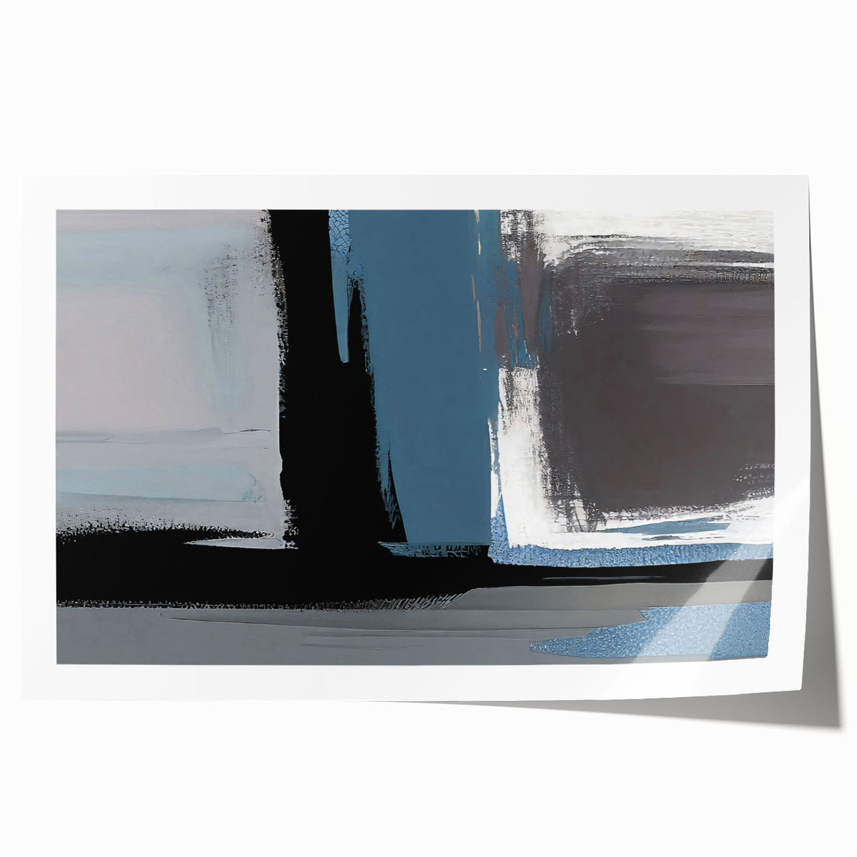 Abstract wall art print showcasing vibrant strokes and lines in shades of blue, orange, and gold, perfect for modern home decor or artistic spaces.