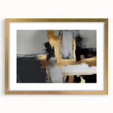 Abstract wall art featuring geometric strokes and lines in a sophisticated gold frame with a mat, ideal for modern decor and enhancing interior aesthetics.