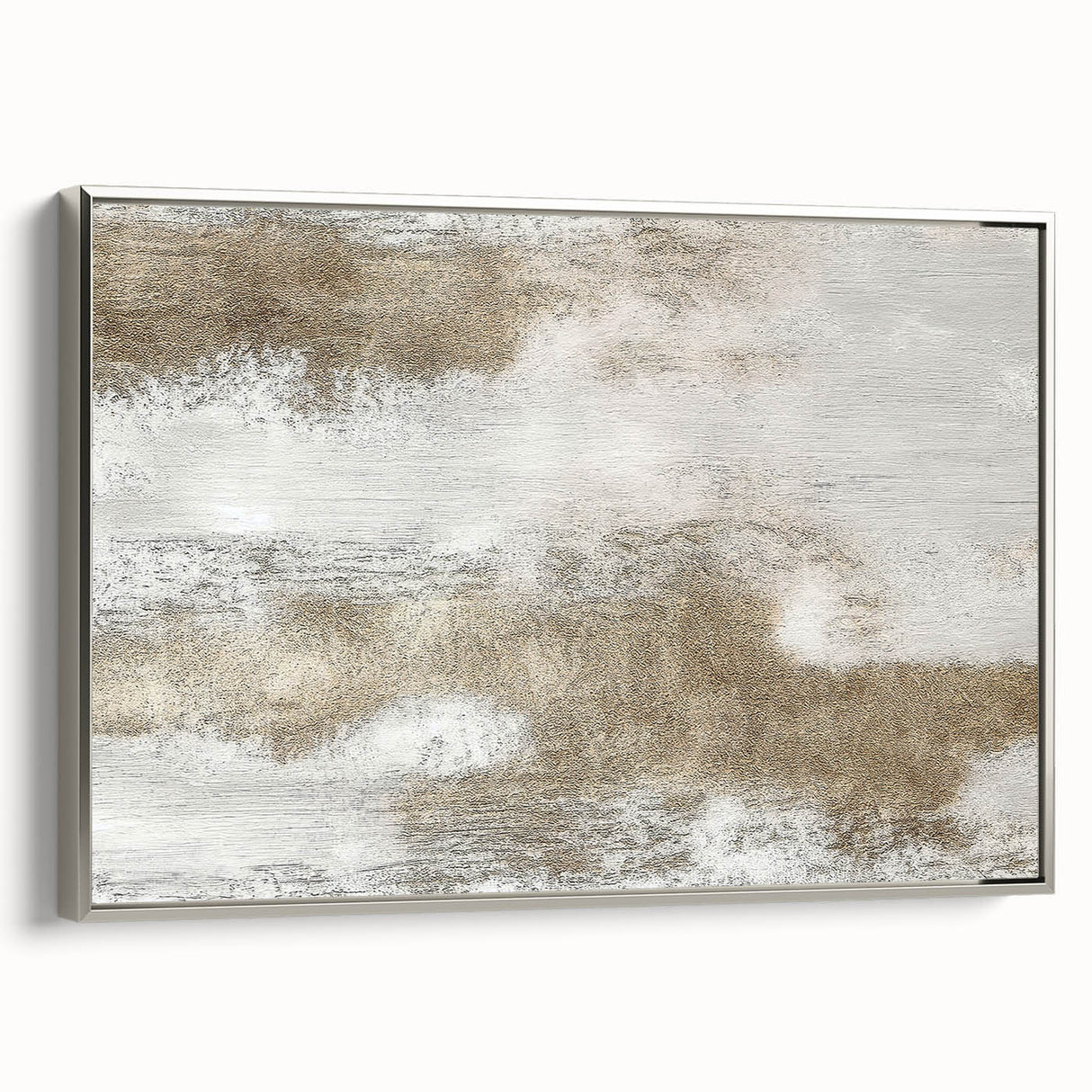 Framed canvas wall art showcasing an abstract design of colorful strokes and lines in silver tones, perfect for modern home decor. Side view highlights the sleek frame and artistic details.