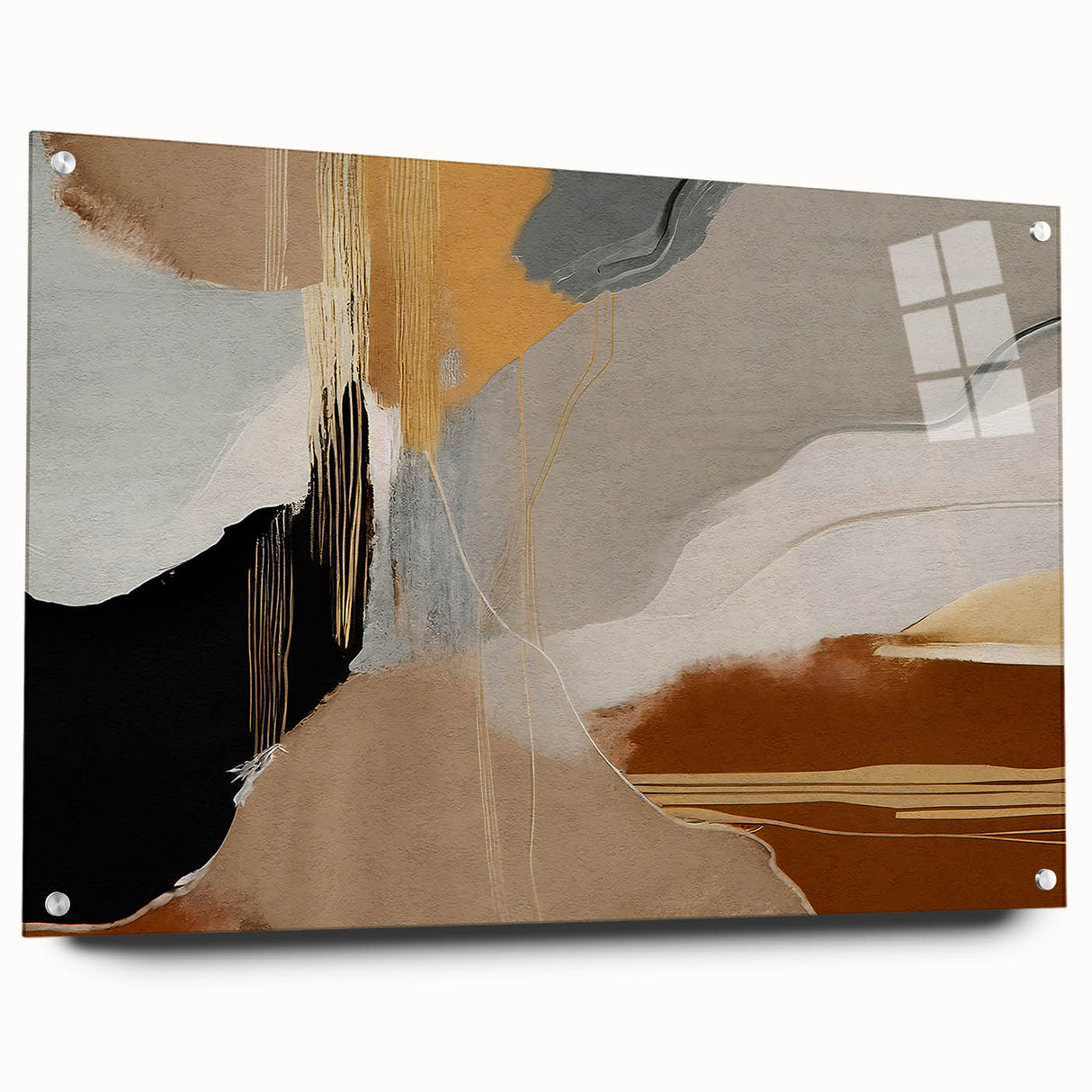Abstract wall art featuring colorful strokes and lines, displayed in a sleek acrylic frame with mounting pins, perfect for modern home decor.