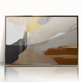 Framed acrylic wall art featuring an abstract design of gold strokes and lines, showcasing modern elegance, perfect for contemporary home decor.