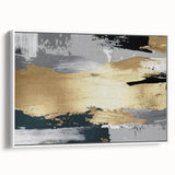 Framed canvas wall art showcasing an abstract design with vibrant strokes and lines in shades of blue, green, and gold, ideal for modern home decor.