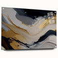 Abstract wall art piece showcasing vibrant strokes and lines in shades of blue, yellow, and orange, presented in a sleek acrylic frame, ideal for modern decor.
