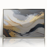 Framed acrylic wall art showcasing an abstract design with dynamic strokes and lines in silver tones, perfect for modern home decor and artistic interiors.