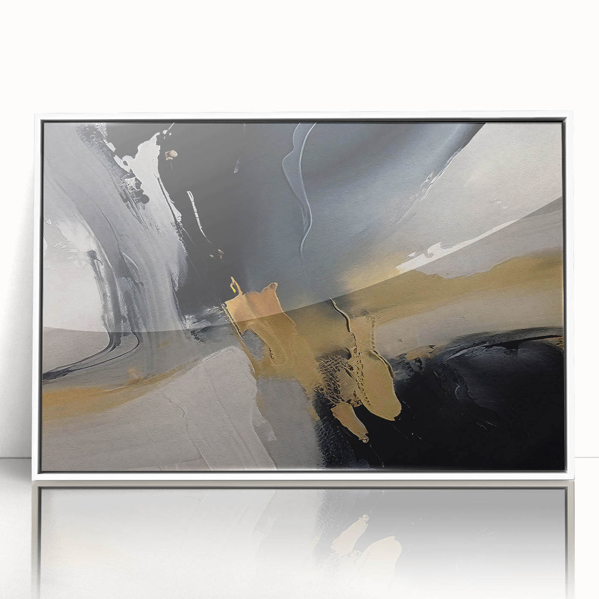 Framed wall art featuring an abstract design of colorful strokes and lines in a modern aesthetic. This piece showcases a white frame, ideal for enhancing contemporary decor.