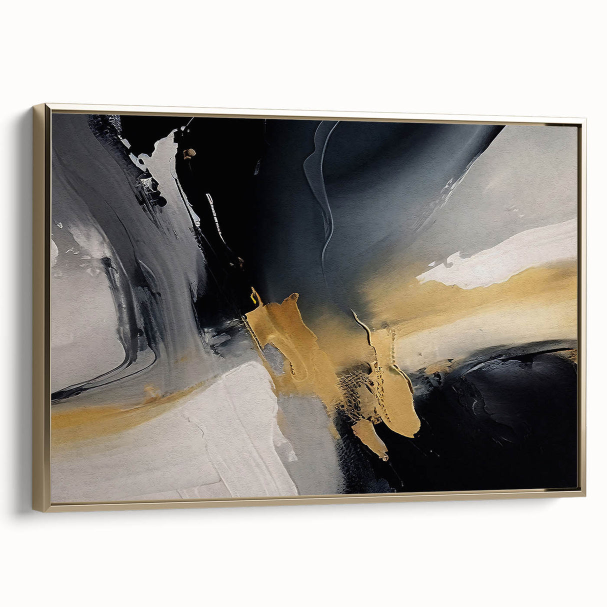 Framed canvas wall art showcasing an abstract design of gold strokes and lines, perfect for modern decor. Side view highlights elegant framing details.