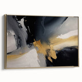 Framed canvas wall art showcasing an abstract design of gold strokes and lines, perfect for modern decor. Side view highlights elegant framing details.