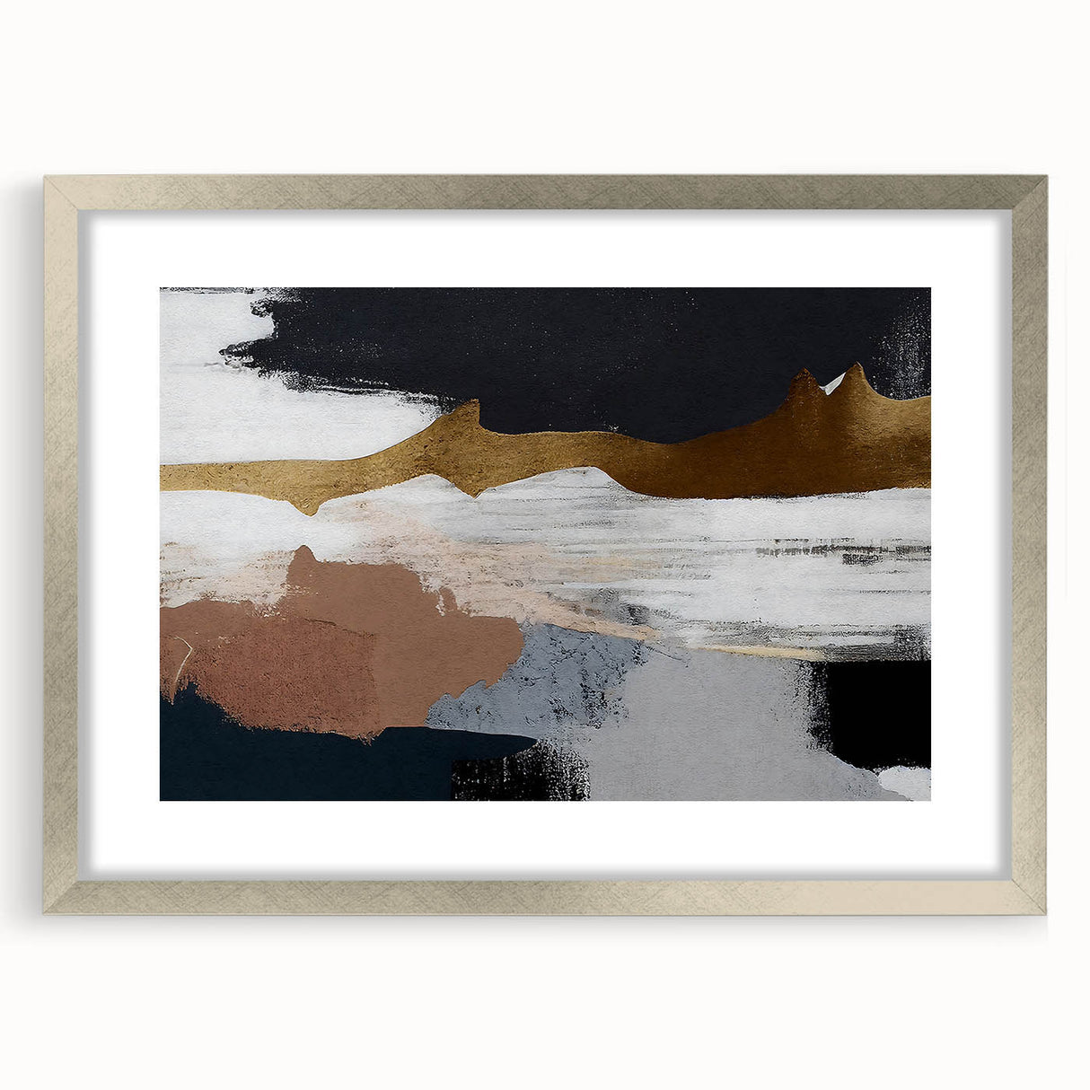 Abstract strokes and lines in a modern wall art piece, framed with a silver mat, showcasing a sophisticated design ideal for contemporary decor.