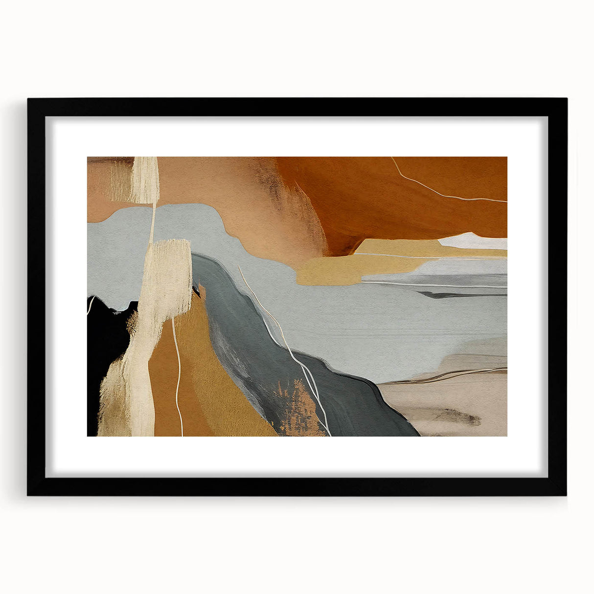 Abstract wall art print showcasing dynamic strokes and lines in a contemporary design, framed with a black mat, perfect for modern home decor.