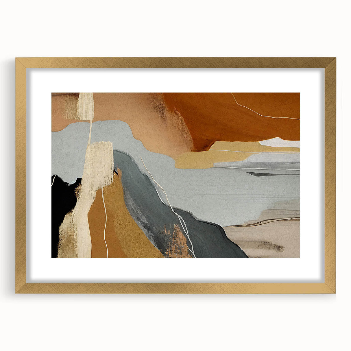 Abstract wall art featuring a sophisticated design of strokes and lines in gold and neutral tones, elegantly framed with a mat, ideal for modern home decor.