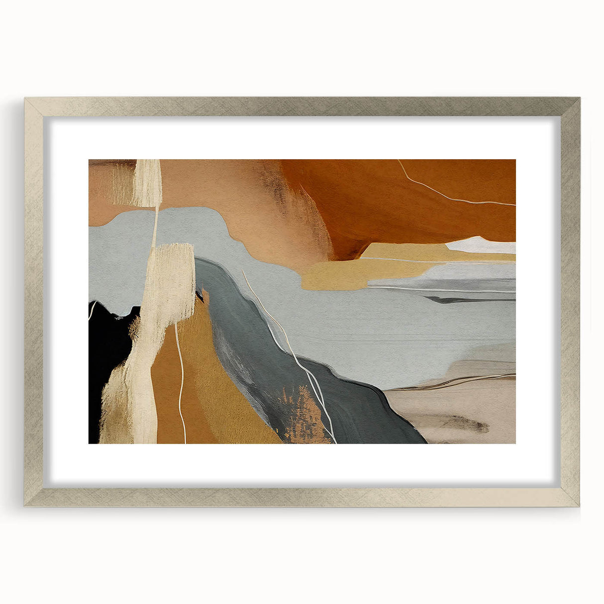 Abstract wall art featuring a modern design of colorful strokes and lines in a silver frame with matting, ideal for enhancing contemporary home decor.