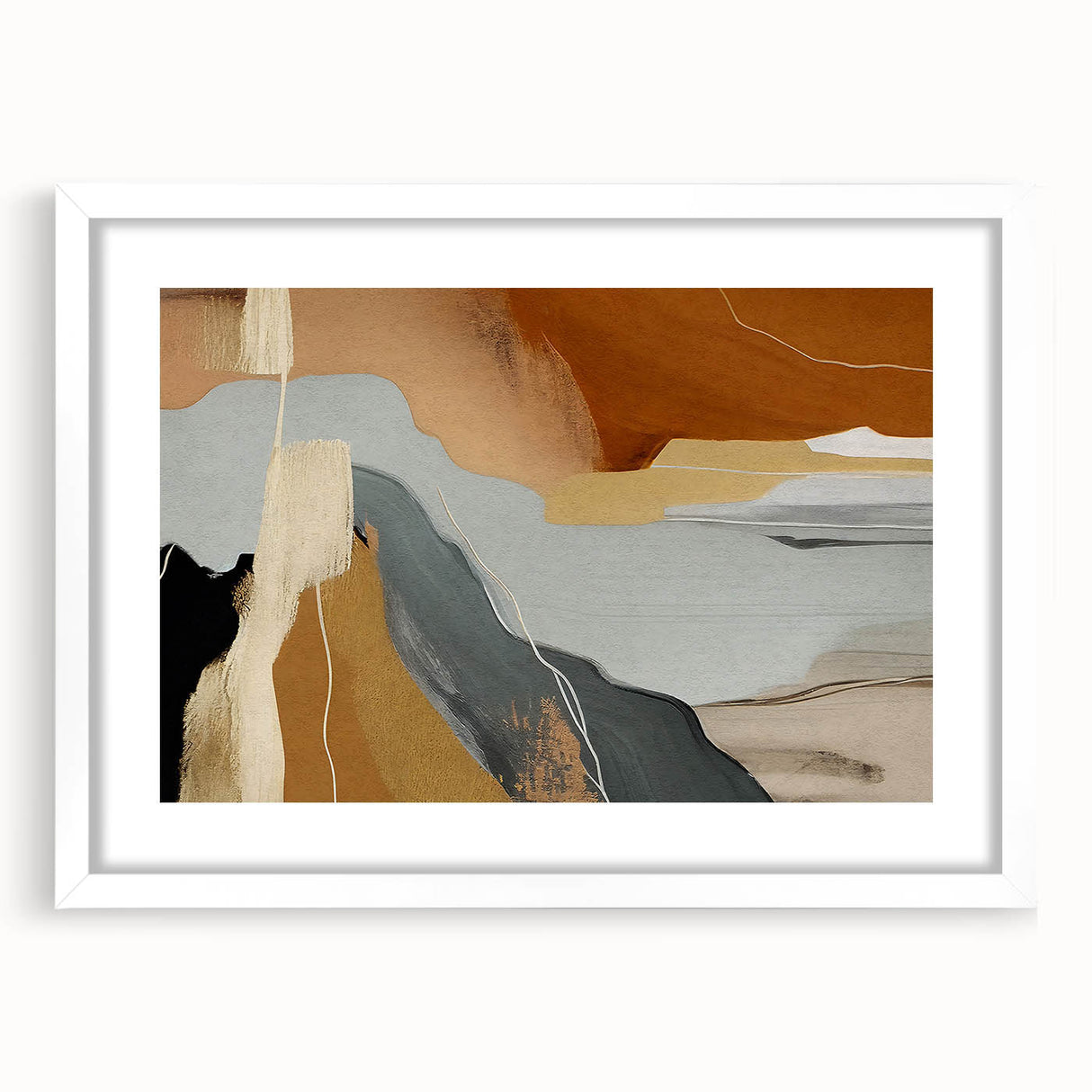 Abstract wall art featuring colorful strokes and lines in a modern design, framed with a white mat, showcasing a contemporary aesthetic perfect for home decor.