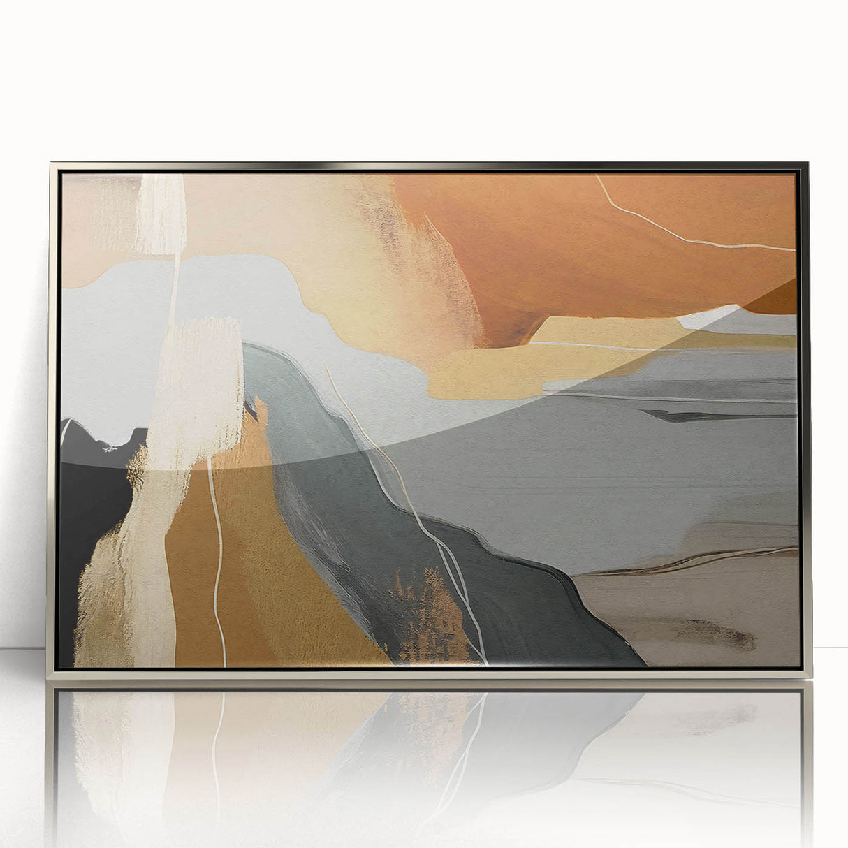 Framed wall art showcasing an abstract design of colorful strokes and lines in silver and blue hues, perfect for modern home decor. The piece adds a contemporary touch to any space.