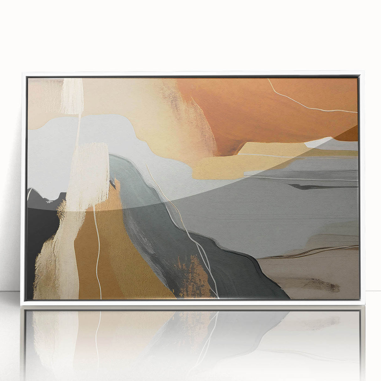 Framed wall art showcasing a modern abstract design with vibrant strokes and lines in a white frame, perfect for contemporary home decor.