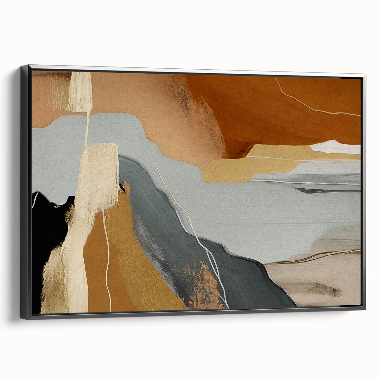 Framed canvas wall art featuring an abstract design of colorful strokes and lines, showcasing a black frame, ideal for modern home decor. This piece adds a vibrant touch to any living space while emphasizing artistic expression.