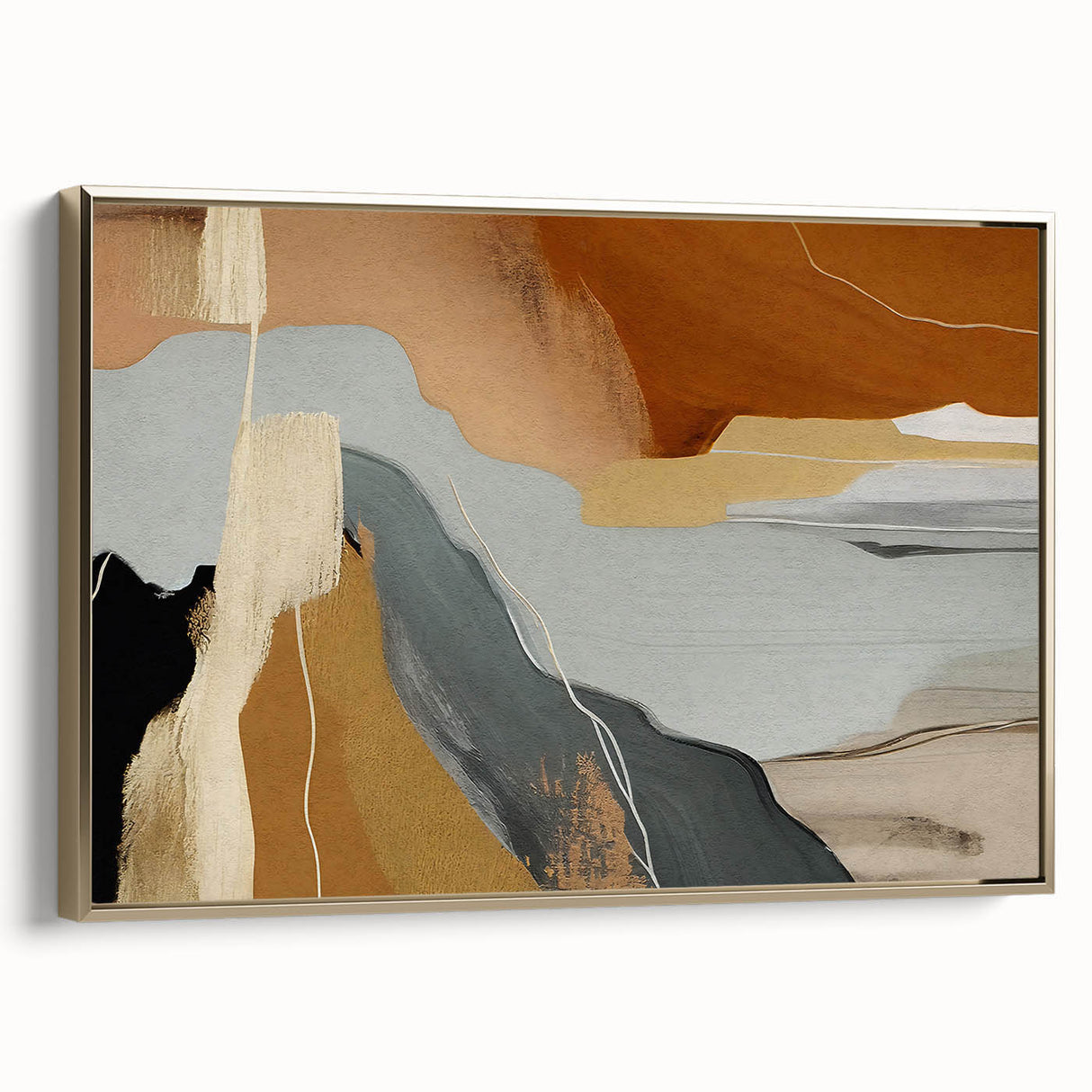 Framed canvas wall art displaying an abstract design of gold strokes and lines, elegantly showcasing a modern aesthetic that enhances contemporary decor.