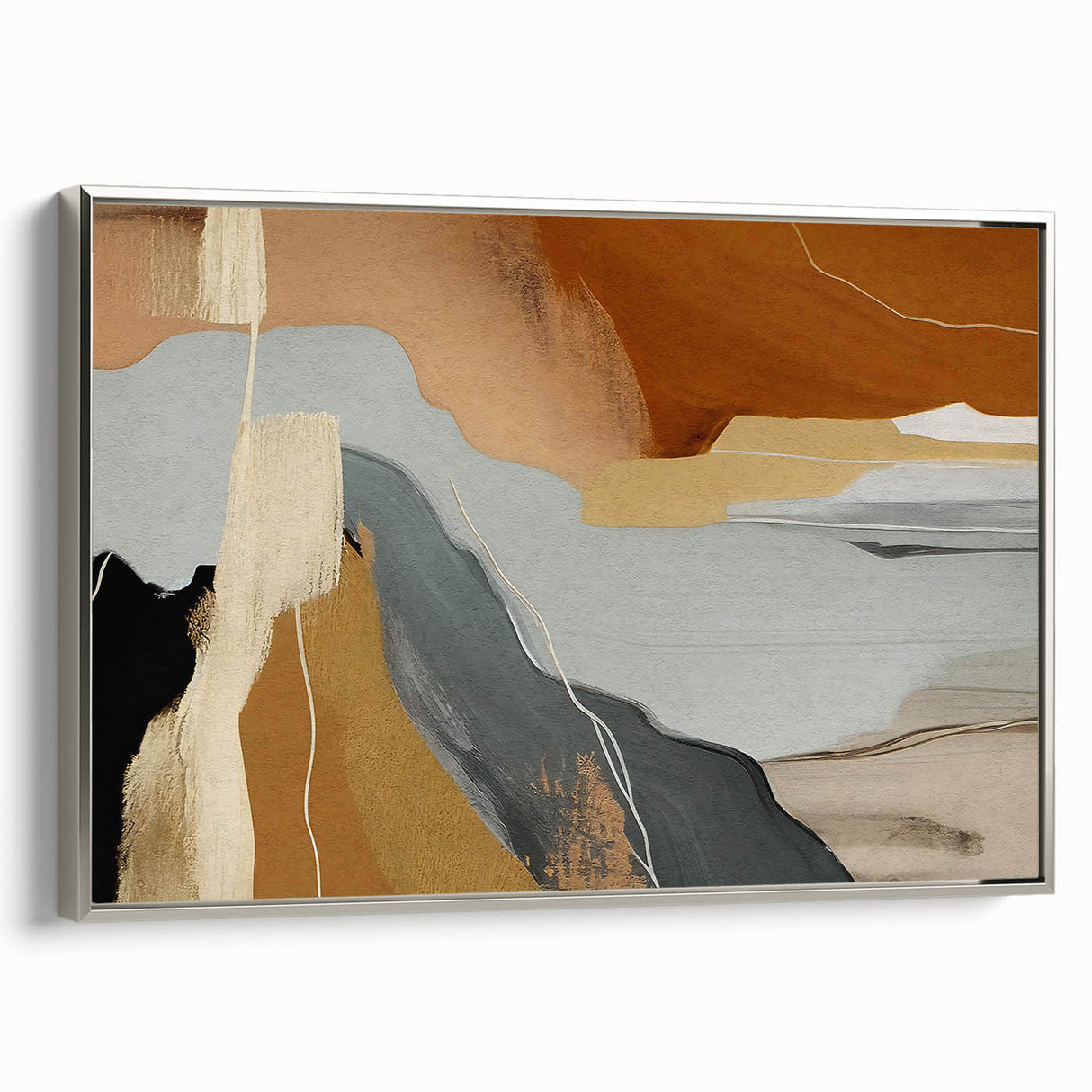 Framed canvas wall art showcasing an abstract design with silver strokes and lines, ideal for modern decor. Side view highlights the sleek frame and artistic depth.